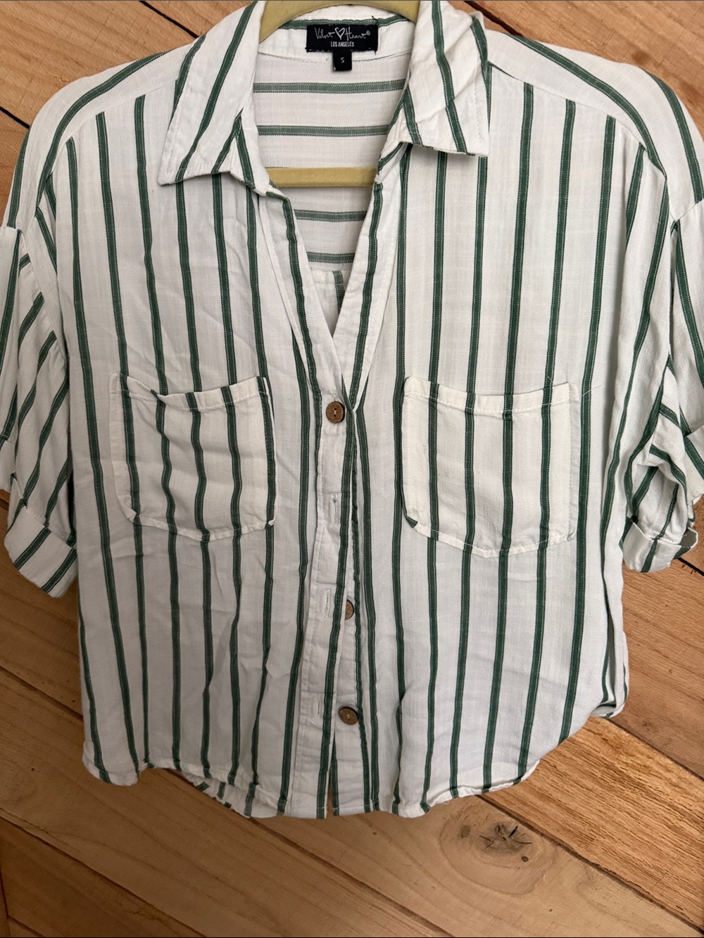 Velvet Heart White Shirt with Green Vertical Stripes Button-Down
